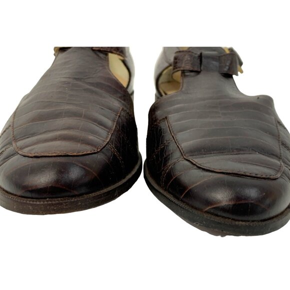 VTG Ferragamo 7B Crocodile Leather T-strap Buckle Shoes Flat Brown Italy 7965 - Picture 9 of 15